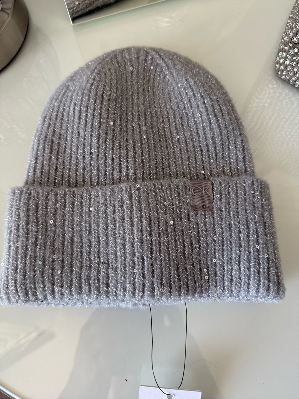 Calvin Klein Gray Knit Beanie with Subtle Sequins